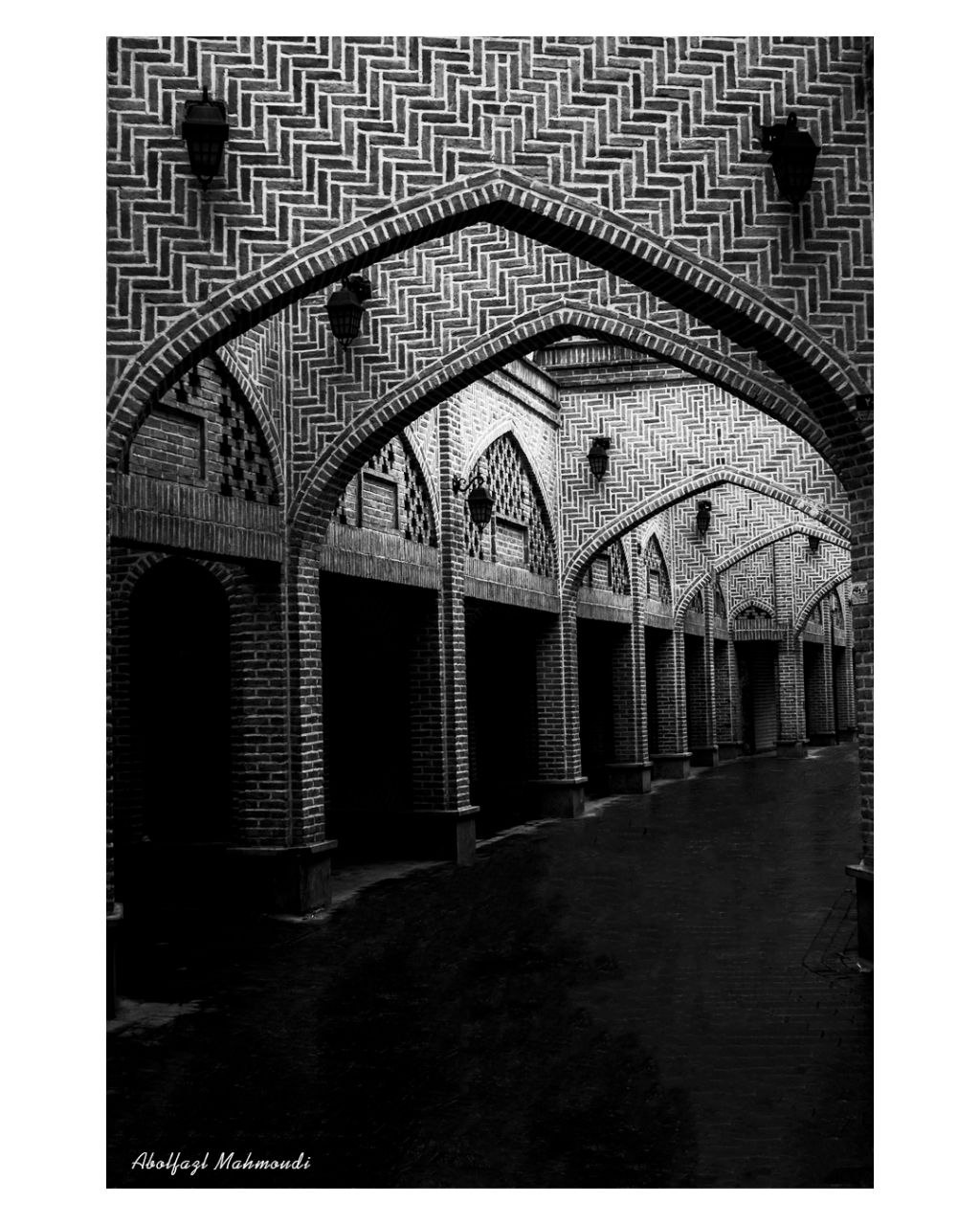 a black and white photo of a building with arched windows